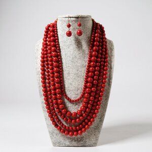 Five Layers Red Lucite Bead Necklace earring Set